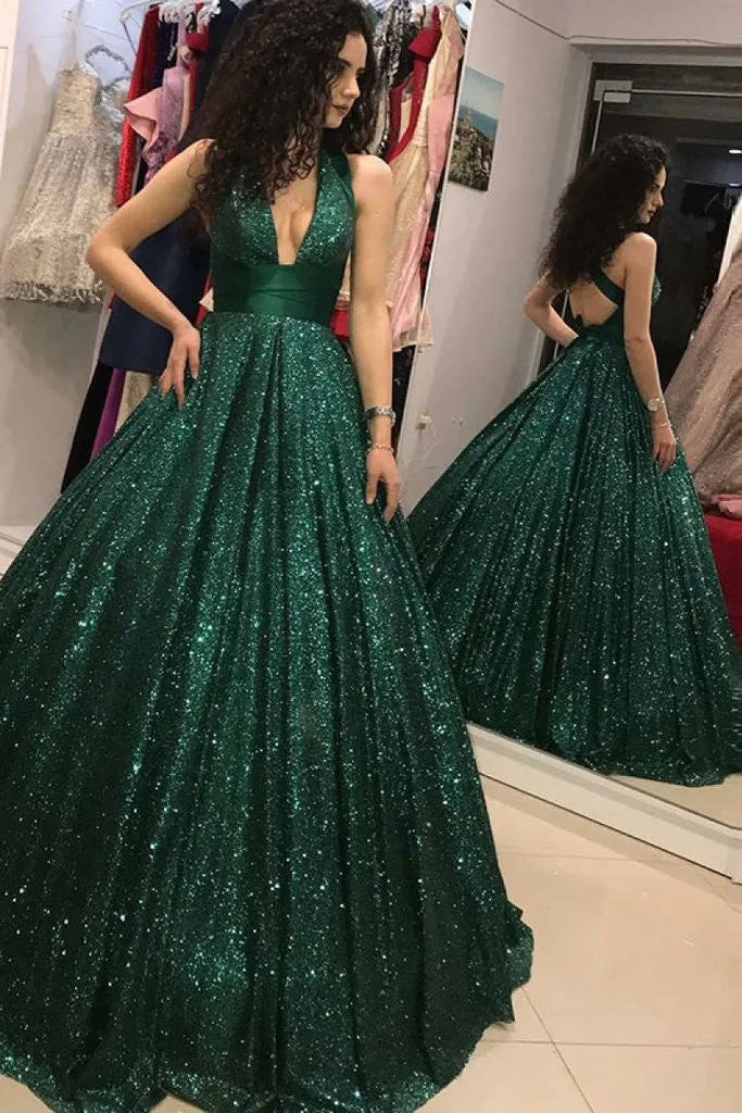 Shinny Green Sequined Ball Gown Cheap Prom Dress, Quinceanera Dress OKH73