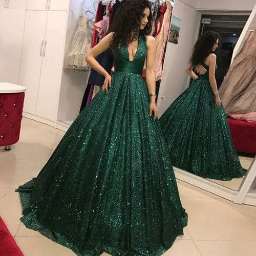 Shinny Green Sequined Halter V-Neck Ball Gown Long A-Line Prom Dresses, M329