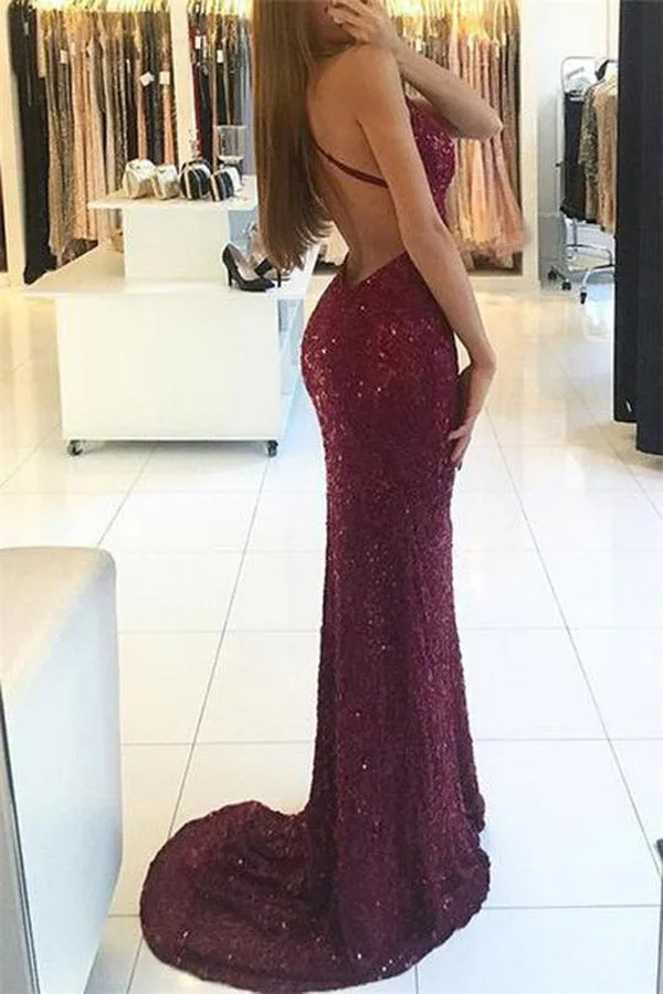 Shiny Burgundy V-neck Mermaid Straps Backless Sequined Long Prom Dresses, M283