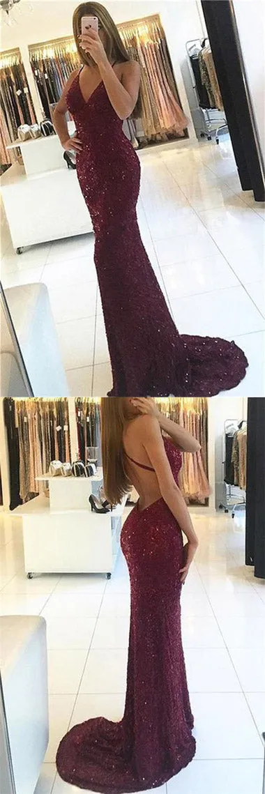 Shiny Burgundy V-neck Mermaid Straps Backless Sequined Long Prom Dresses, M283