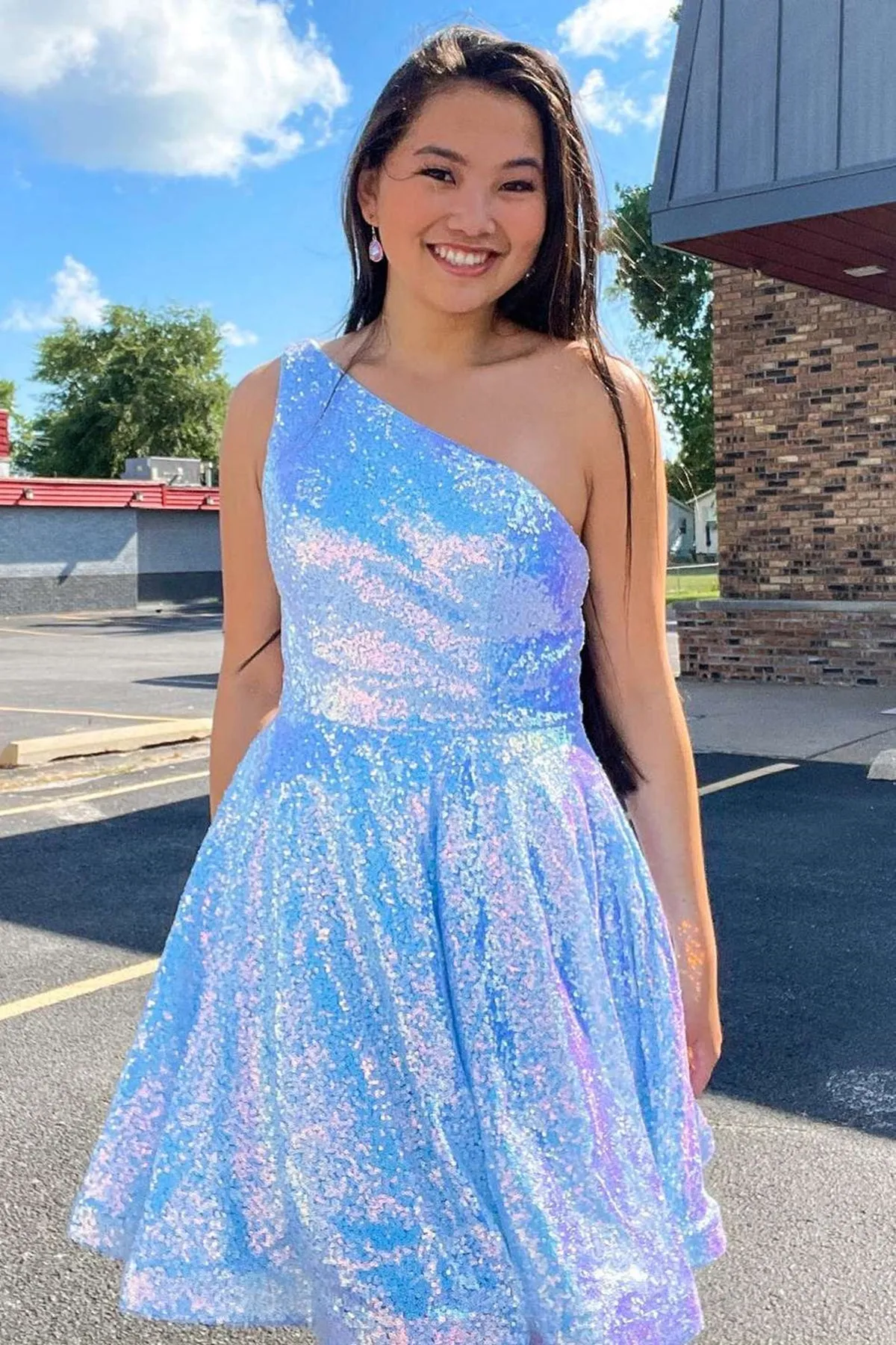 Short Blue One Shoulder Sequined A Line Graduation Homecoming Dress OK1579