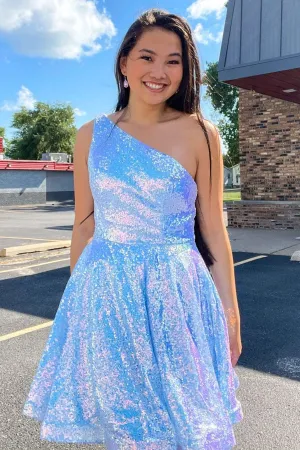Short Blue One Shoulder Sequined A Line Graduation Homecoming Dress OK1579