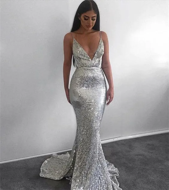 Silver Mermaid Sequined Deep V Neck Backless Prom dress OK907