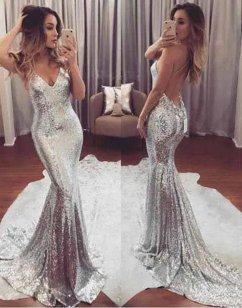 Silver Sequined Mermaid V neck Backless Long Prom Dresses, Evening Dress, MP296