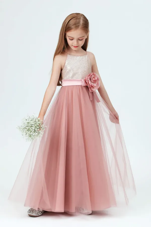 Spaghetti Strap Sequined Tulle Flower Girl Dresses With Flower Bow APF0009