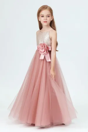 Spaghetti Strap Sequined Tulle Flower Girl Dresses With Flower Bow APF0009