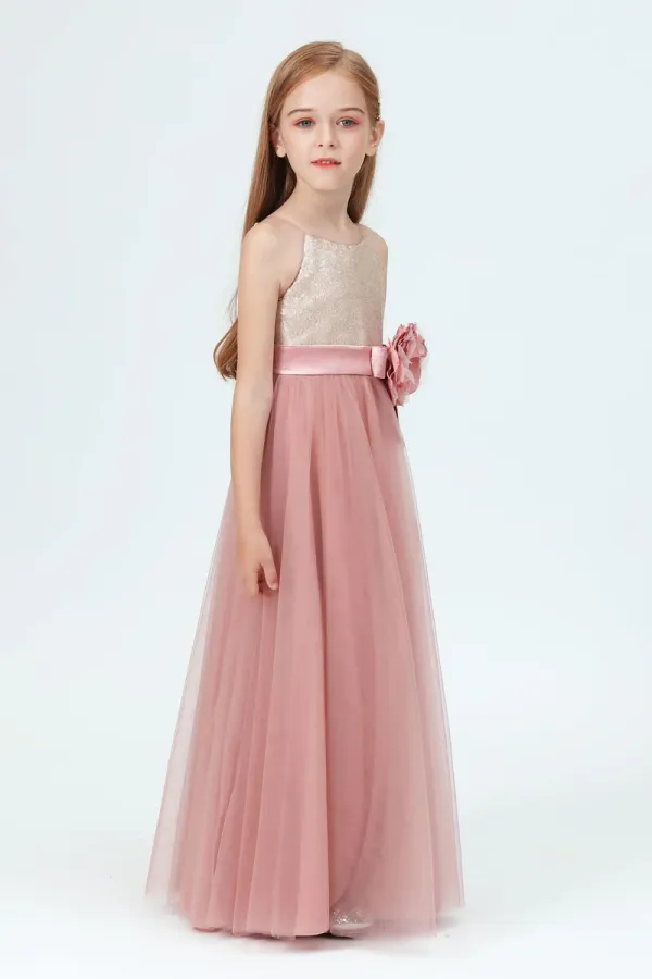 Spaghetti Strap Sequined Tulle Flower Girl Dresses With Flower Bow APF0009