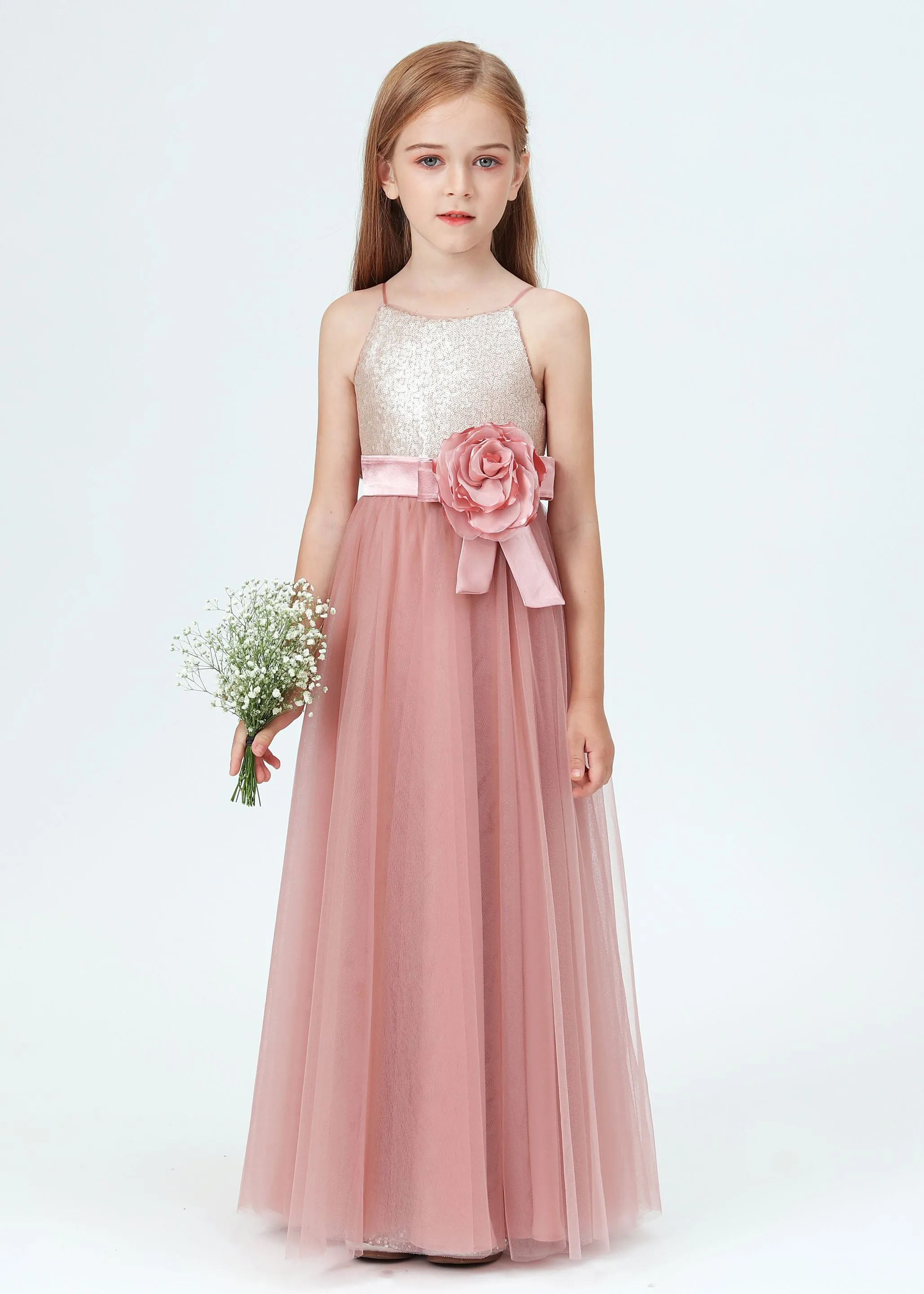 Spaghetti Strap Sequined Tulle Flower Girl Dresses With Flower Bow