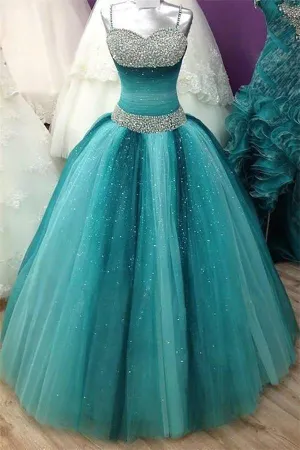 Spaghetti Straps Long Beaded Sequined Shiny Ball Gown Prom Dress Quinceanera Dress OK395