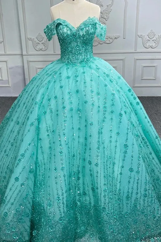 V-neck Sequined Evening Party Dresses Off-the-shoulder Quinceanera Dresses