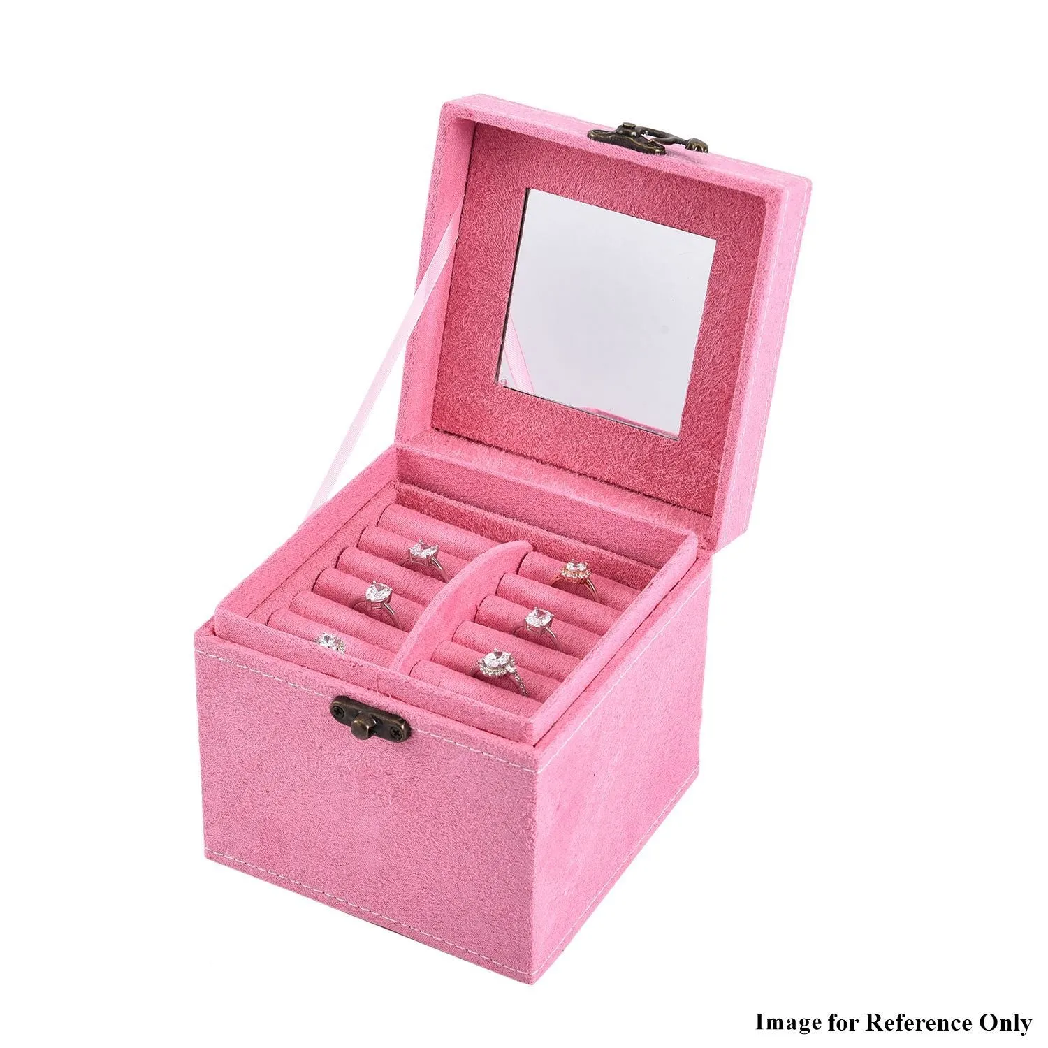Velvet Three Layer Jewelry Box with Mirror, Handle and Lock In LIGHT PINK