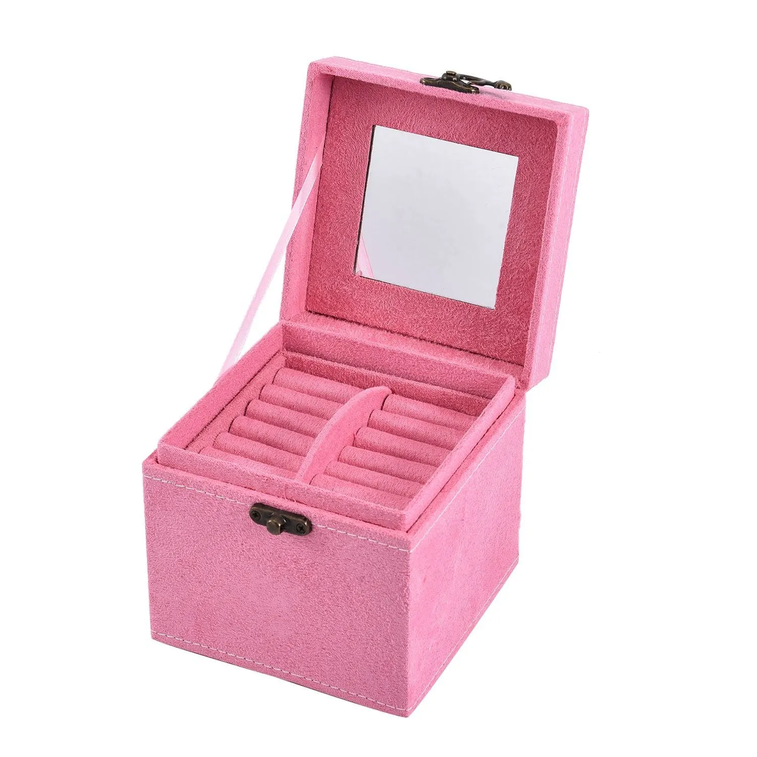 Velvet Three Layer Jewelry Box with Mirror, Handle and Lock In LIGHT PINK