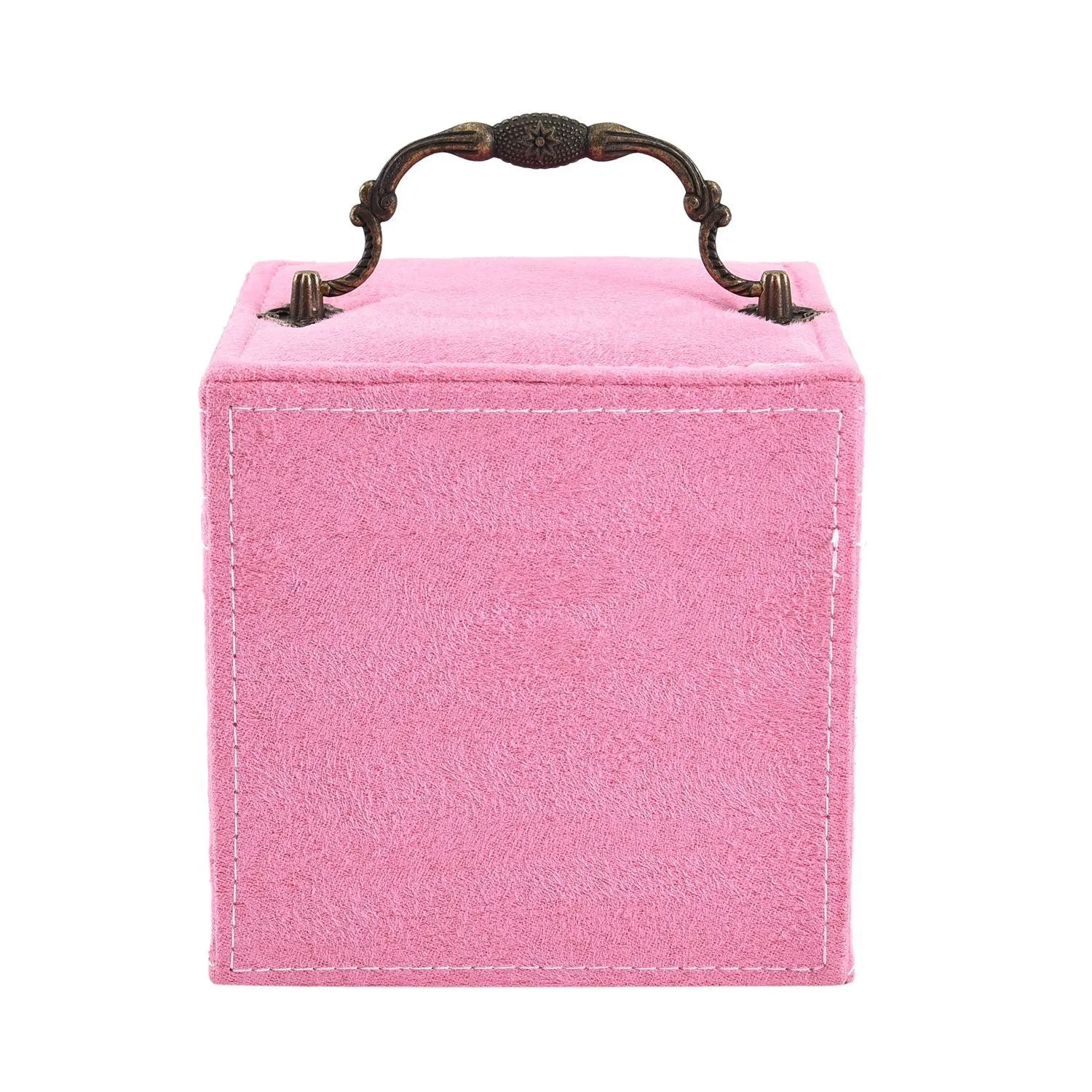 Velvet Three Layer Jewelry Box with Mirror, Handle and Lock In LIGHT PINK