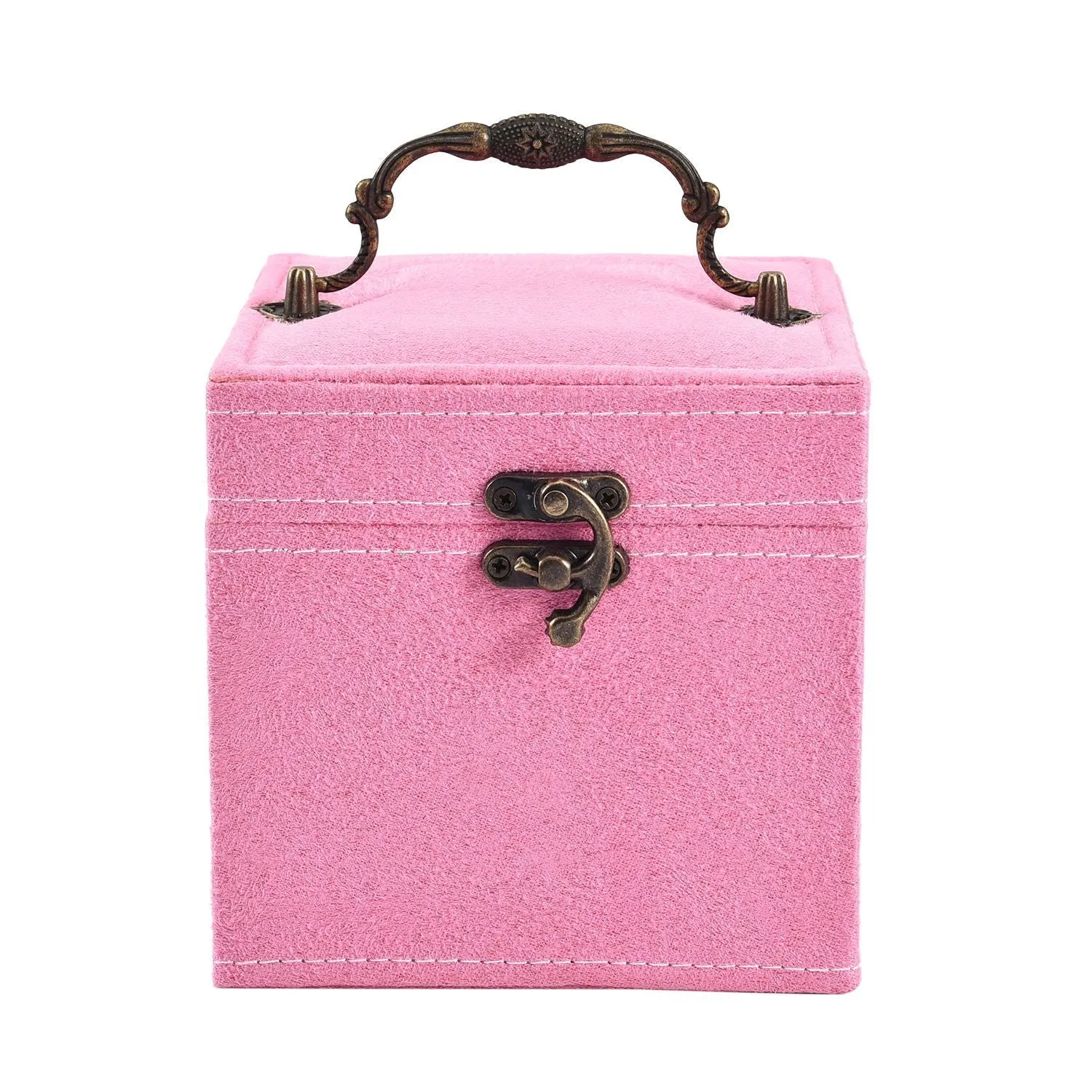 Velvet Three Layer Jewelry Box with Mirror, Handle and Lock In LIGHT PINK