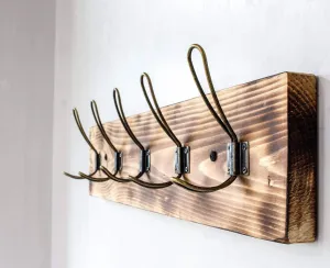 Vintage Rustic Coat Rack- Authentic Burnt Wood Hanger for Towels, Clothes, Hats, Bags-Antique Door & Wall Mounted 5-Hook Rail (Vintage Style Wire Hooks - 26" x 7/8" x 5 ¾", Burnt Wood (Original))