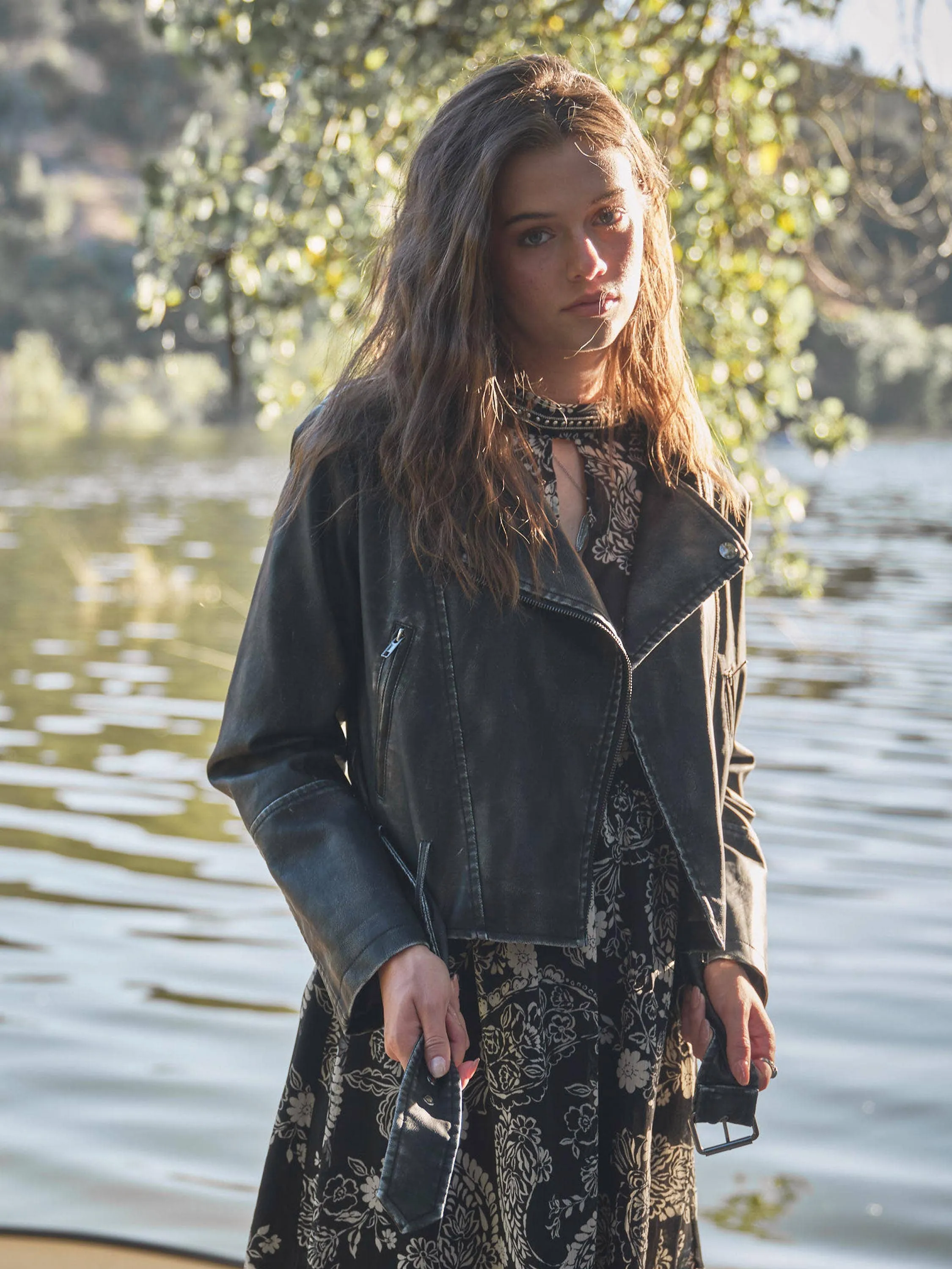 Washed Leather Moto Blue B Jacket: Washed Black