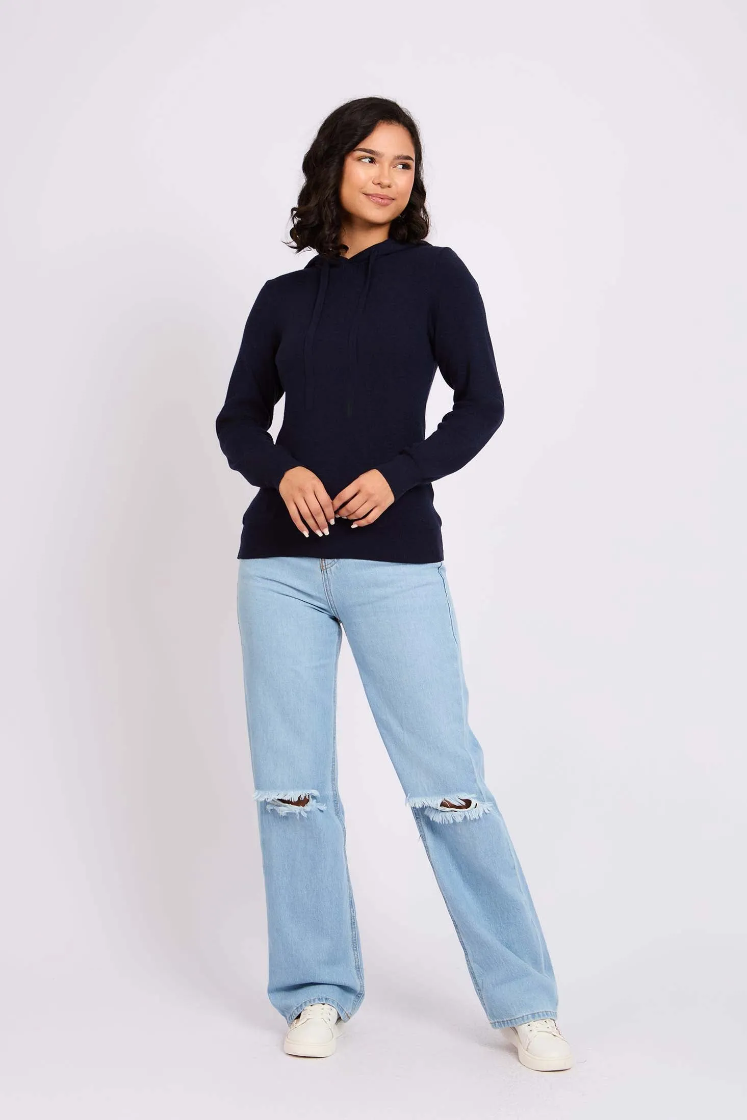 WomenPullover Flat Knit Hoodie Navy