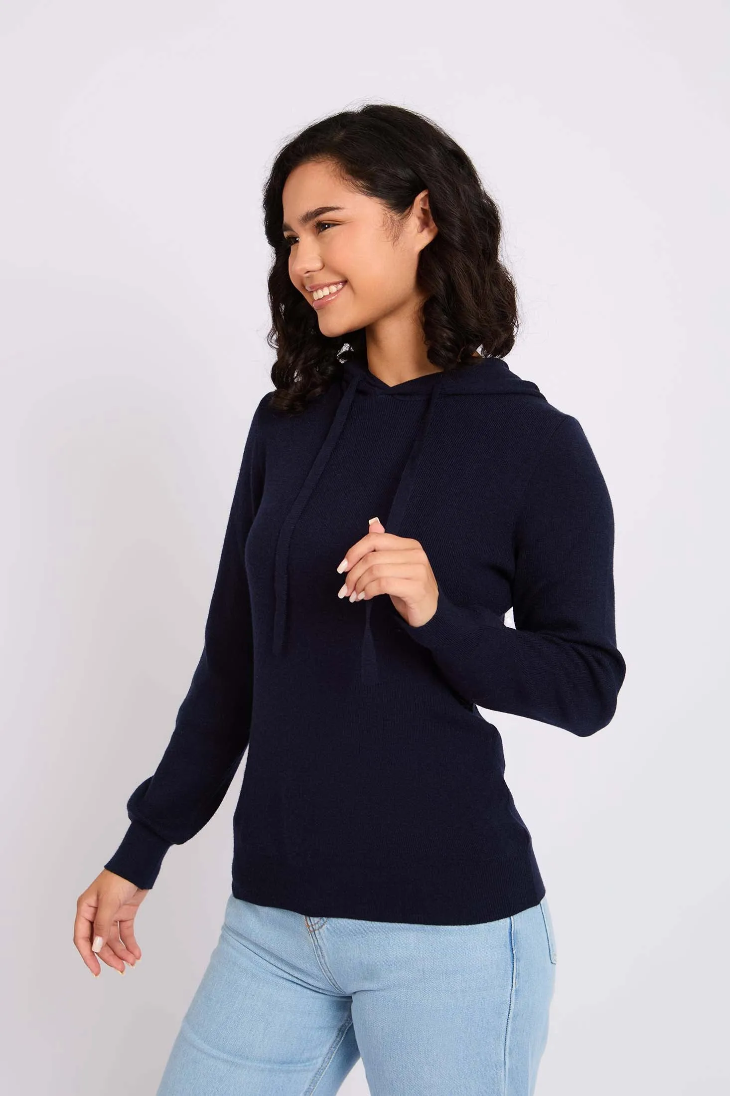 WomenPullover Flat Knit Hoodie Navy