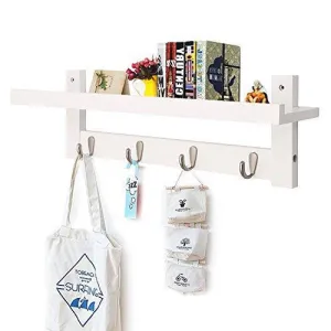 Wooden Hooks for Wall Coat Rack Shelf, Wall-Mounted Bamboo Hook Rack with Upper Shelf for Storage Scandinavian Style for Hallway Bathroom Living Room Bedroom (4 Hooks)